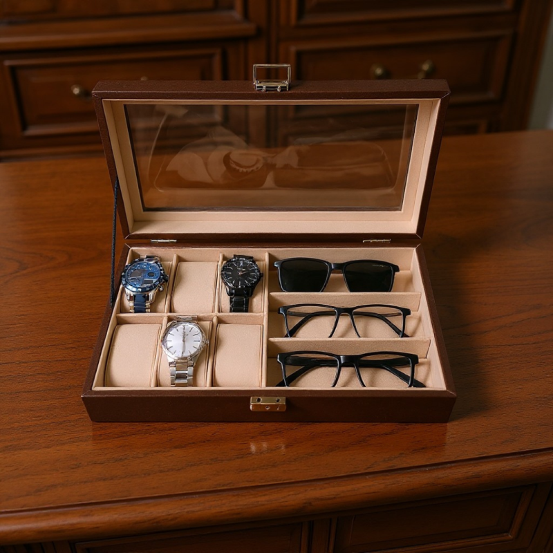 Premium Luxury Brown PU Leather Watch & Sunglass Box – 6 Watches + 3 Sunglasses (Leather Finish) with Lock