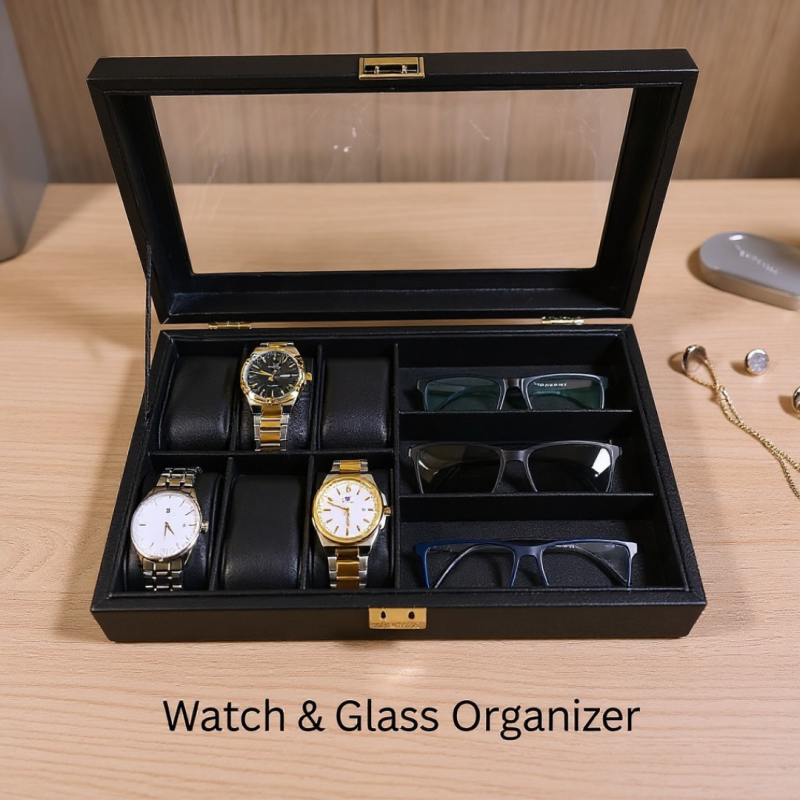 Premium Luxury Black PU Leather Watch & Sunglass Box – 6 Watches + 3 Sunglasses (Leather Finish) with Lock