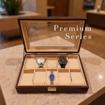 Premium Brown PU Leather Watch Box – 10 Slot Luxury Organizer (Leather Finish) with Glass Top & Lock