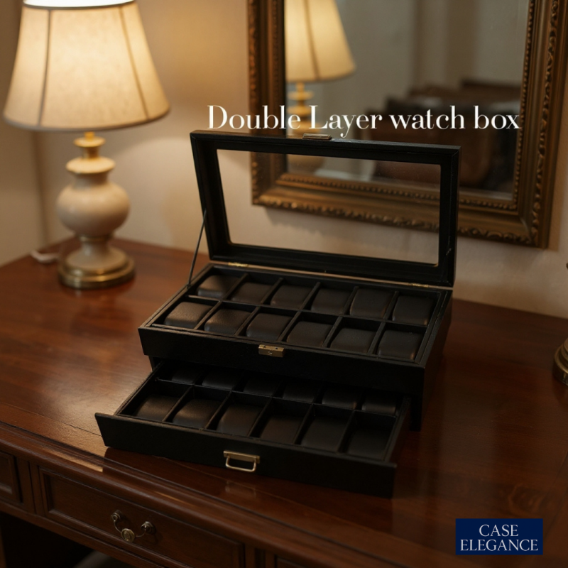 Premium Black PU Leather Watch Box – 24 Slot Luxury Organizer (Leather Finish) with Glass Top & Lock