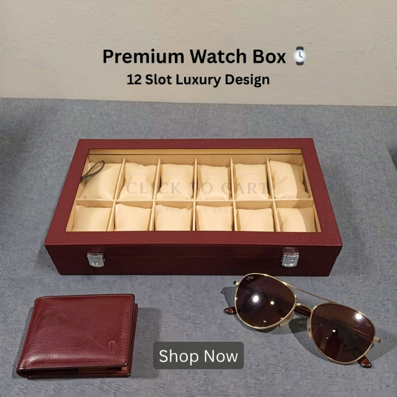 12 Slot Luxury Watch Organizer Box with Glass Display – Big-Pillow Mahogany Brown