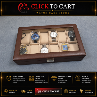 Premium Brown PU Leather Watch Box – 12 Slot Luxury Organizer (Leather Finish) with Glass Top & Lock