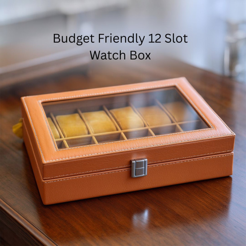 Budget Friendly Watch Box – 12 Slot Display Case - Tan Brown