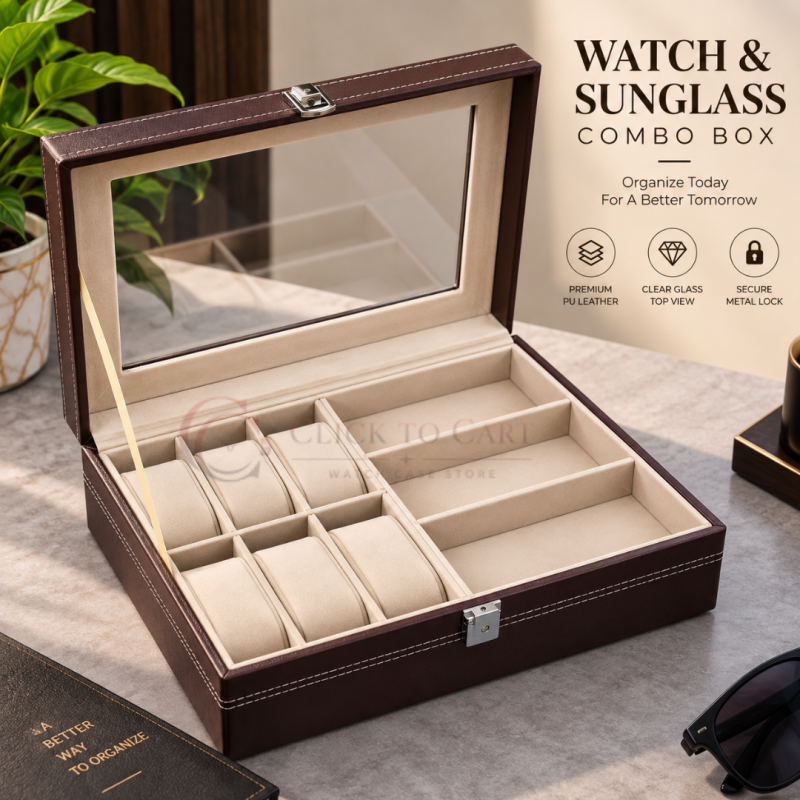 Luxury 6-Watch & 3-Sunglasses Organizer Box – PU Leather Storage Case – Brown Color